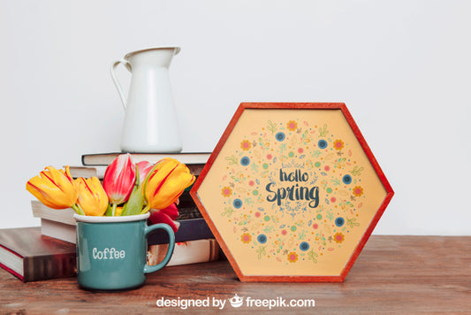 Free Spring Mockup With Frame And Cup Psd