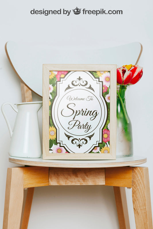 Free Spring Mockup With Frame And Vase Of Flowers Over Chair Psd