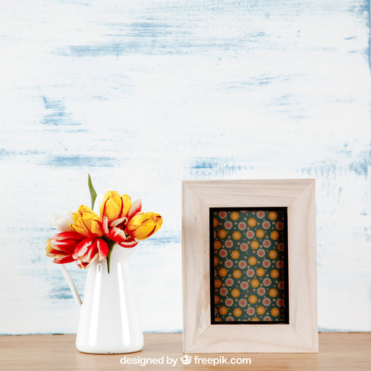 Free Spring Mockup With Frame And White Vase Of Flowers Psd