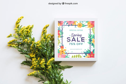 Free Spring Mockup With Frame And Wildflowers Psd