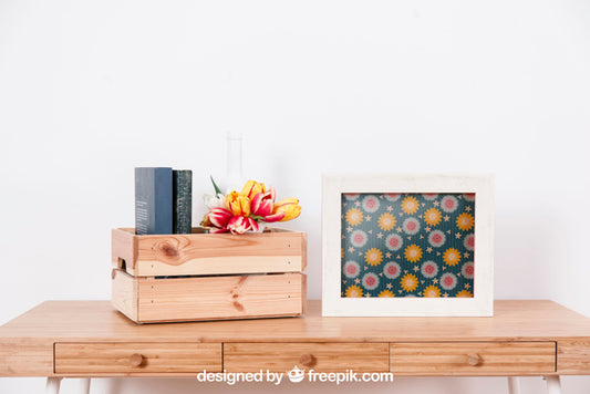 Free Spring Mockup With Frame And Wooden Box Psd