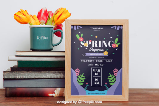 Free Spring Mockup With Frame Next To Books Psd
