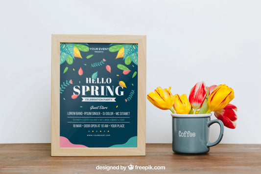 Free Spring Mockup With Frame Next To Cup Psd