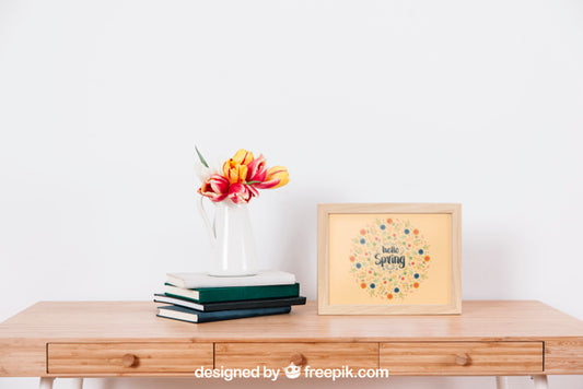 Free Spring Mockup With Frame Next To Flower Pot Psd