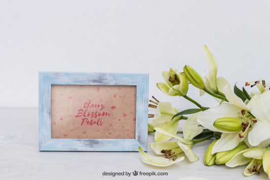 Free Spring Mockup With Frame Next To Flowers Psd
