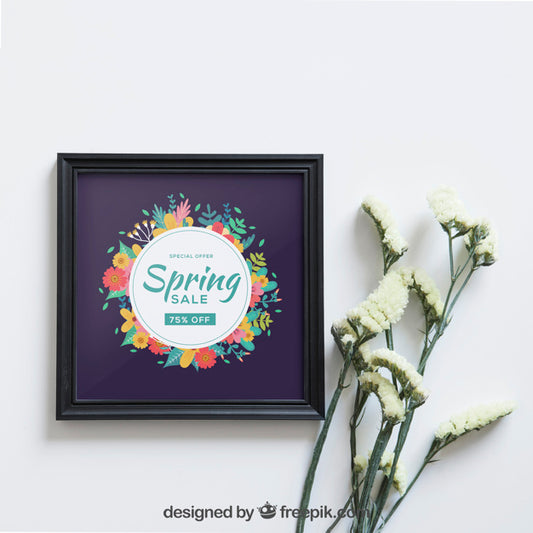 Free Spring Mockup With Frame Next To White Flowers Psd