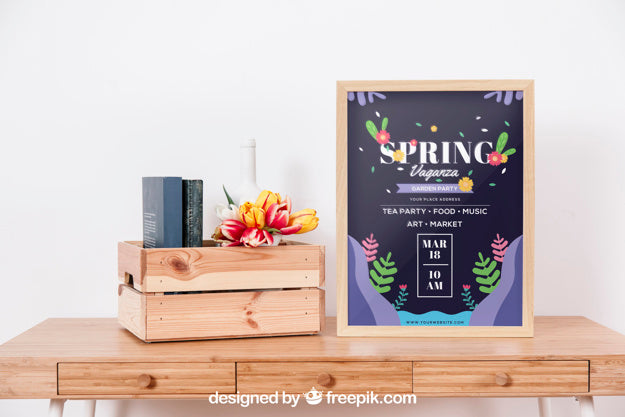 Free Spring Frame Mockup on a Wooden Desk