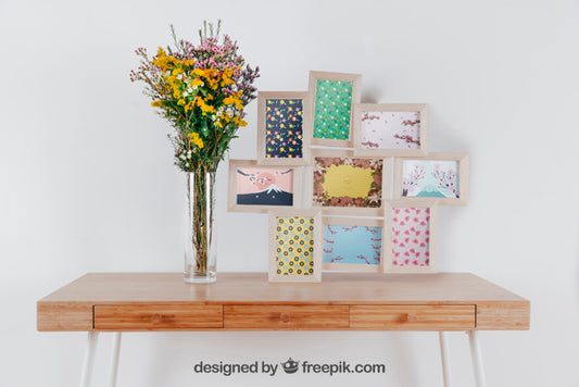 Free Spring Mockup With Frameset And Vase Of Flowers Over Table Psd