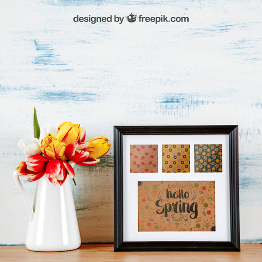 Free Spring Mockup With Frameset And Vase Of Flowers Psd