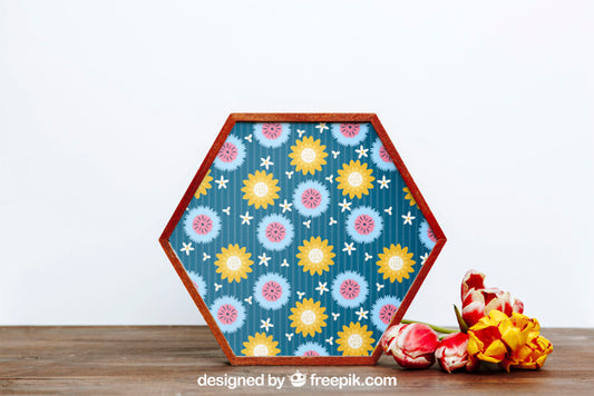 Free Spring Mockup With Hexagonal Frame Of Flowers Psd