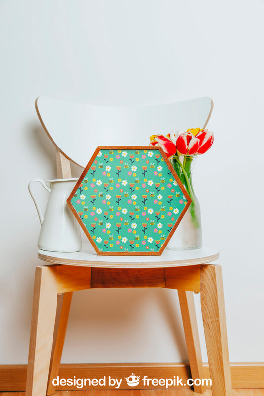 Free Spring Mockup With Hexagonal Frame Over Chair Psd