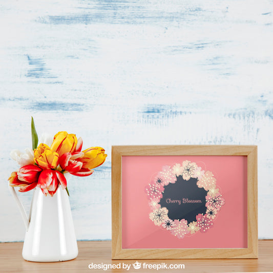 Free Spring Mockup With Horizontal Frame And White Vase Of Flowers Psd