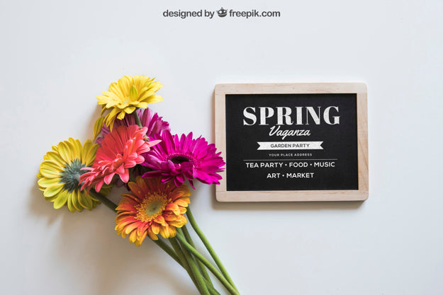 Free Spring Mockup With Slate And Colorful Flowers Psd