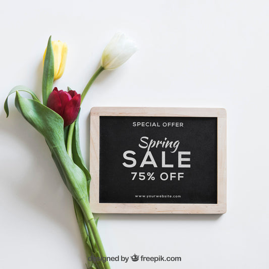 Free Spring Mockup With Slate And Flower Psd