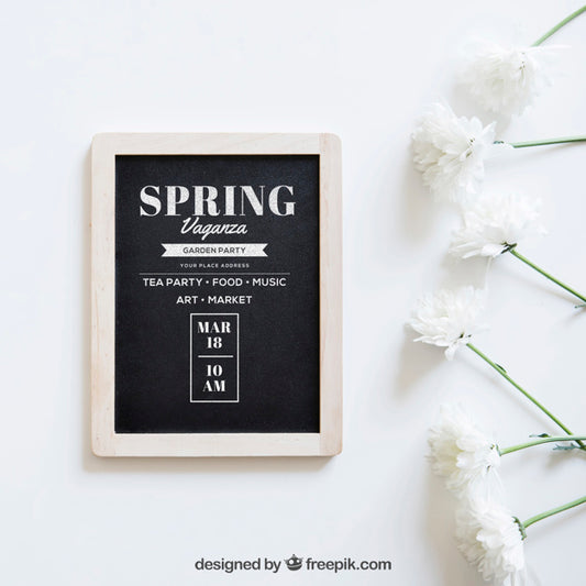 Free Spring Mockup With Slate And White Flowers Psd