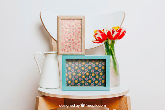 Free Spring Mockup With Two Frames And Flowers Over Chair Psd