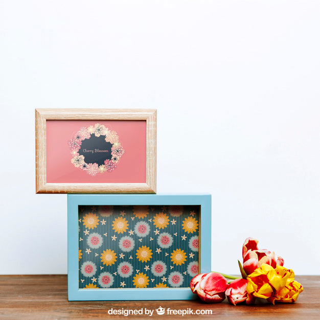 Free Spring Mockup With Two Frames Of Flowers Psd