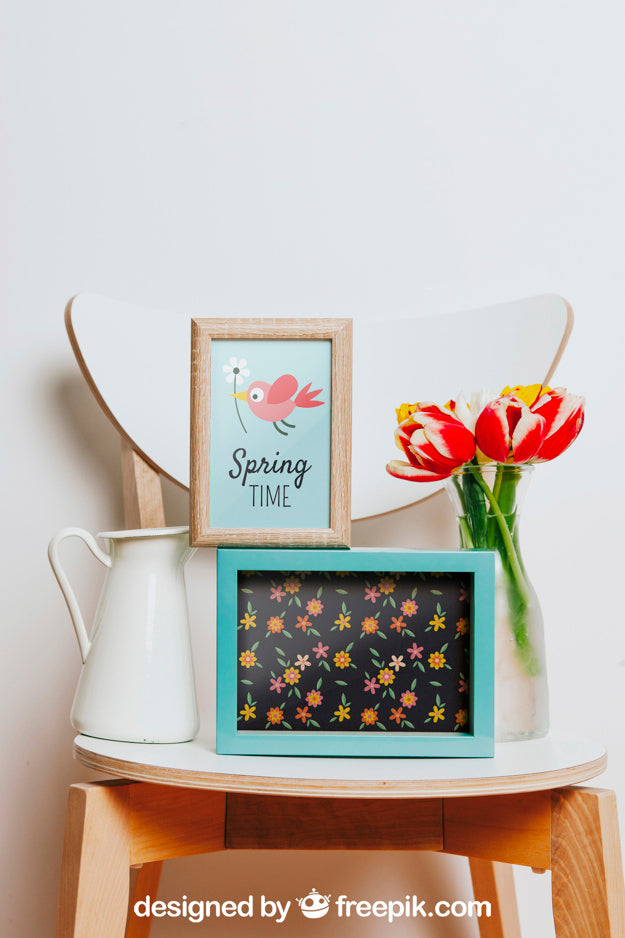 Free Spring Mockup With Two Frames Over Chair Psd