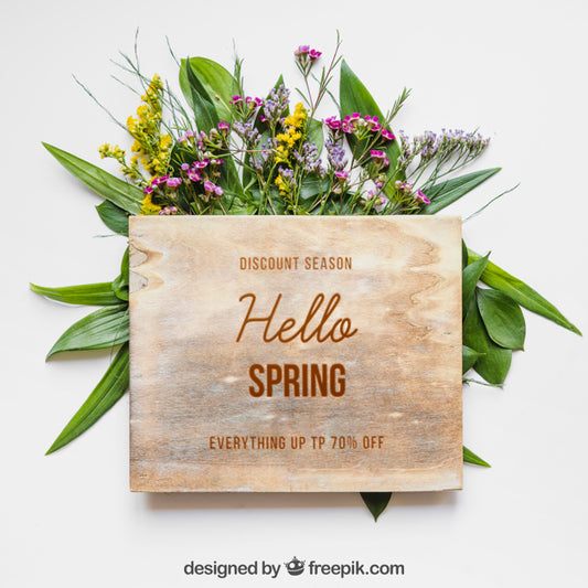 Free Spring Mockup With Wooden Board Psd