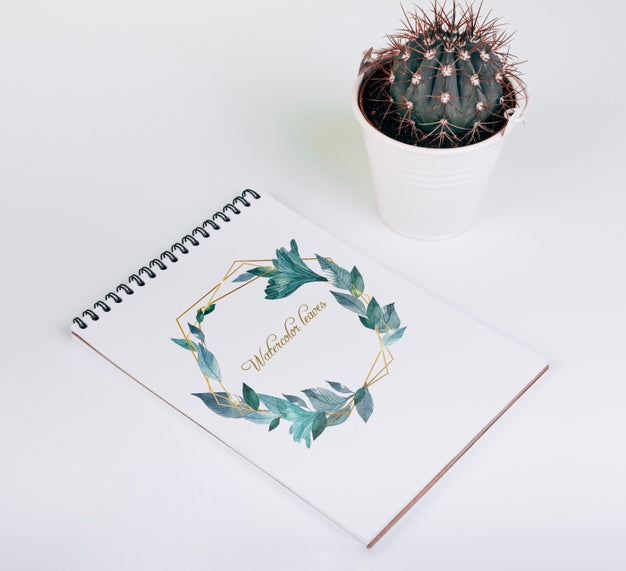 Free Spring Notebook Mockup With Decorative Cactus Psd