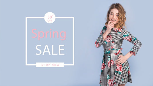 Free Spring Sale Mockup With Stylish Woman Psd