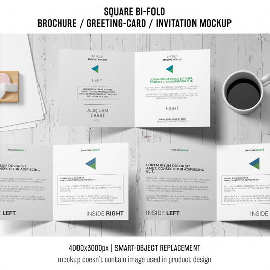 Free Square Bi-Fold Brochure Or Greeting Card Mockup Of Three With Coffee Psd