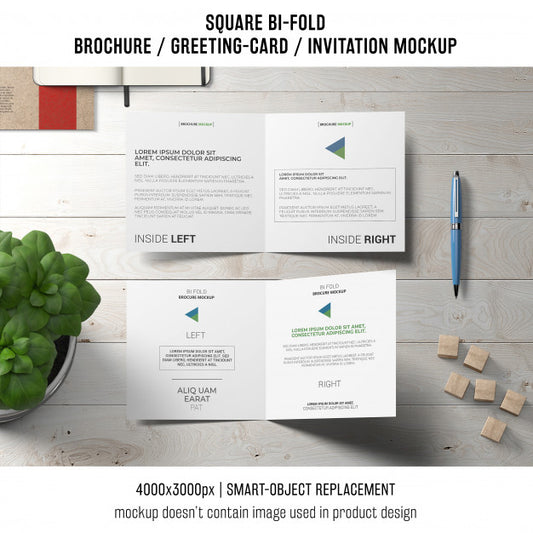 Free Square Bi-Fold Brochure Or Greeting Card Mockup With Basil Plant Psd