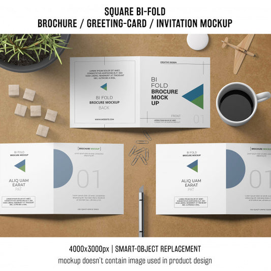 Free Square Bi-Fold Brochure Or Greeting Card Mockup With Still Life Concept Psd