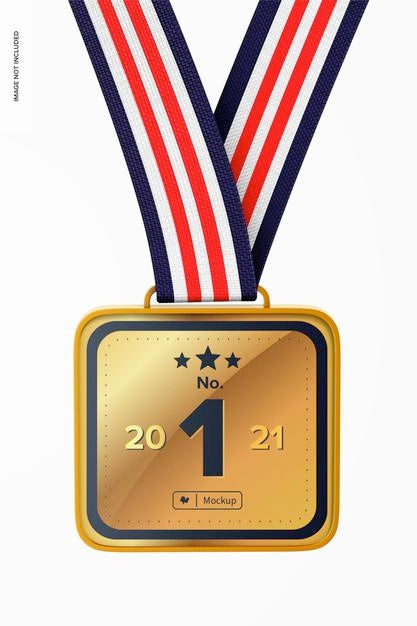 Free Square Competition Medal With Ribbon Mockup, Close Up Psd