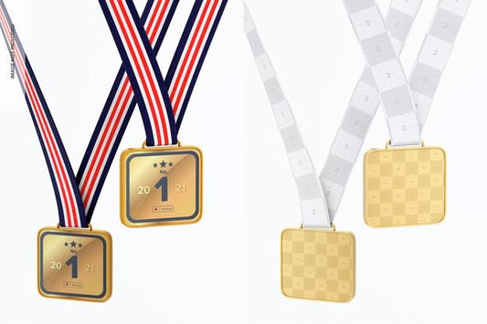 Free Square Competition Medals With Ribbon Mockup Psd
