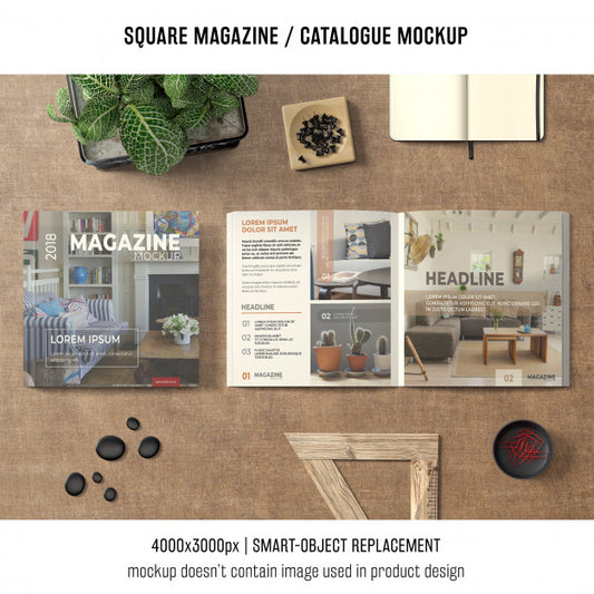 Free Square Magazine Or Catalogue Mockup In Still Life Situation Psd