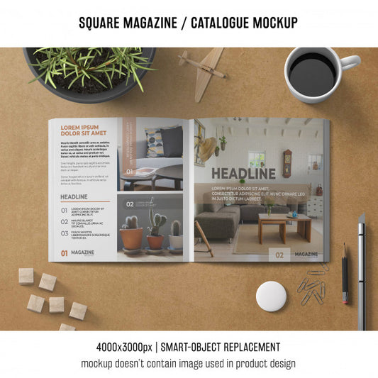 Free Square Magazine Or Catalogue Mockup With Coffee And Objects Psd