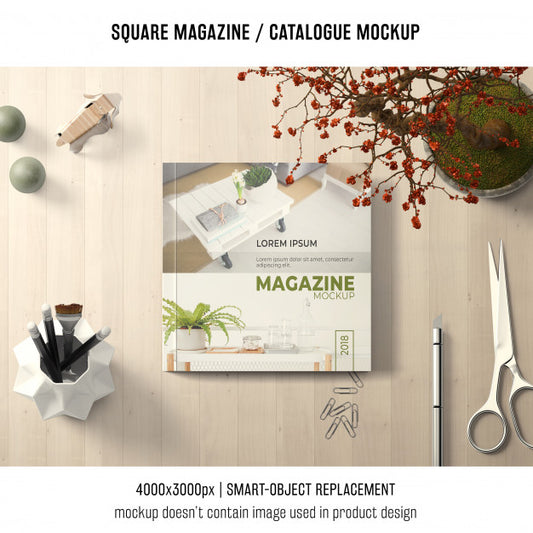 Free Square Magazine Or Catalogue Mockup With Creative Still Life Psd