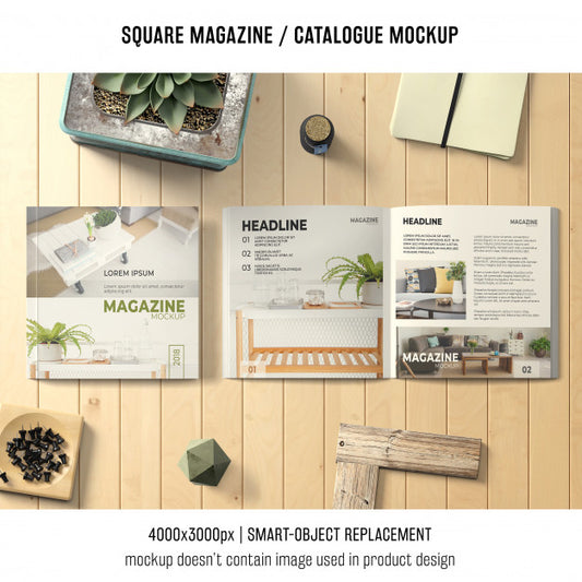 Free Square Magazine Or Catalogue Mockup With Different Objects Psd