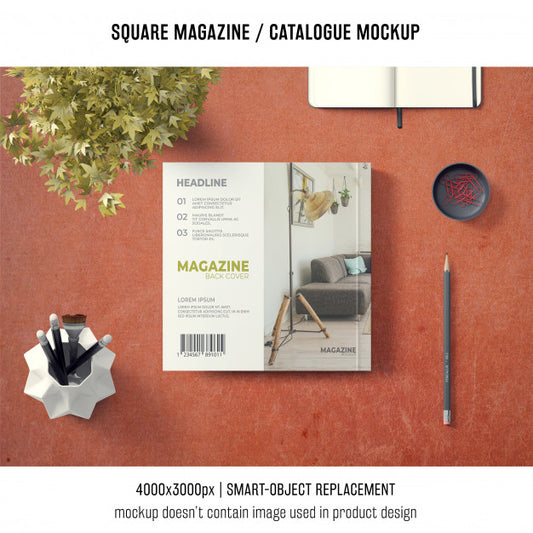 Free Square Magazine Or Catalogue Mockup With Elements Psd