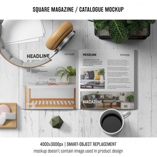 Free Square Magazine Or Catalogue Mockup With Headphones And Coffee Psd
