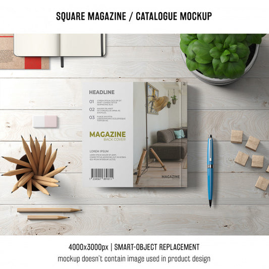 Free Square Magazine Or Catalogue Mockup With Objects Psd