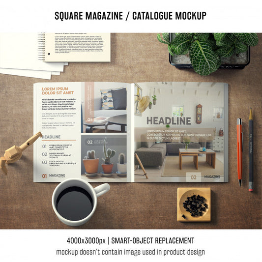 Free Square Magazine Or Catalogue Mockup With Various Objects Psd