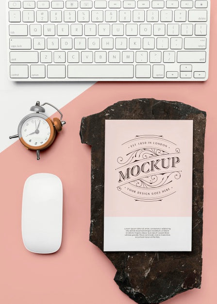 Free Stationery Mock-Up With Keyboard And Clock Psd