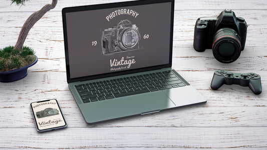Free Stationery Mockup With Photography Concept And Devices Psd