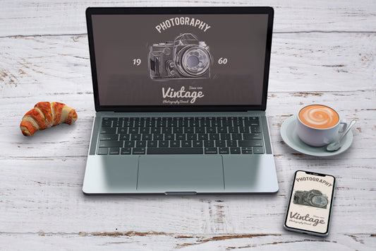 Free Stationery Mockup With Photography Concept And Laptop Psd