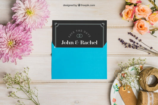 Free Stationery Wedding Mockup With Blue Envelope Psd