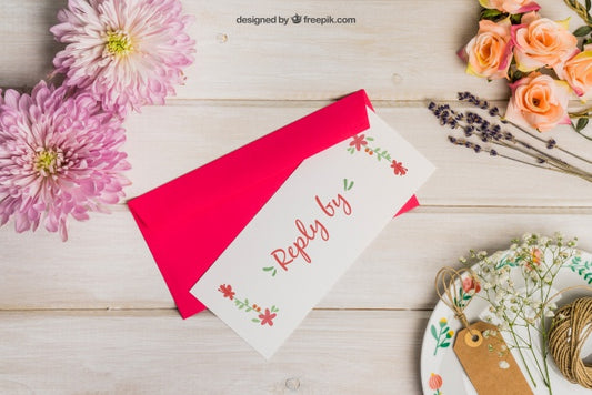 Free Stationery Wedding Mockup With Red Envelope Psd