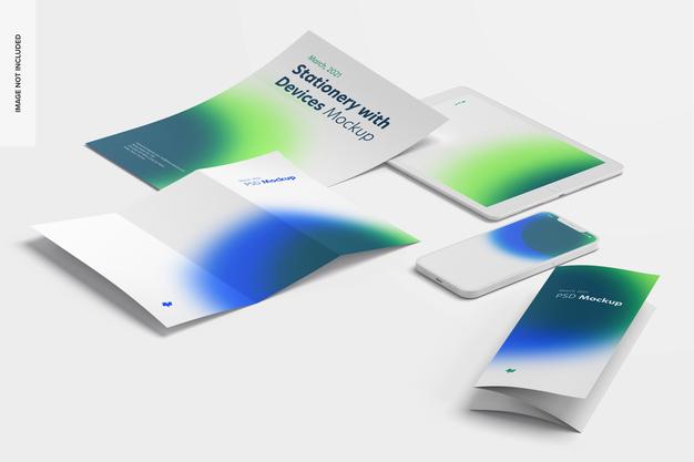 Free Stationery With Devices Mockup, Perspective View Psd