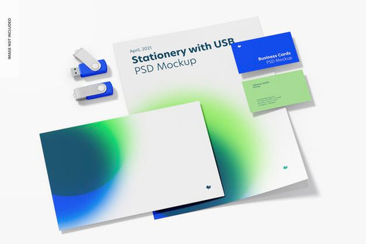 Free Stationery With Usb Flash Drives Mockup, Perspective Psd