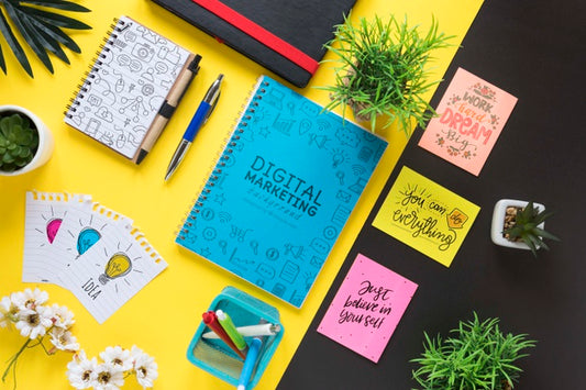Free Sticky Notes With Motivational Messages And Notebook Mock-Up Psd