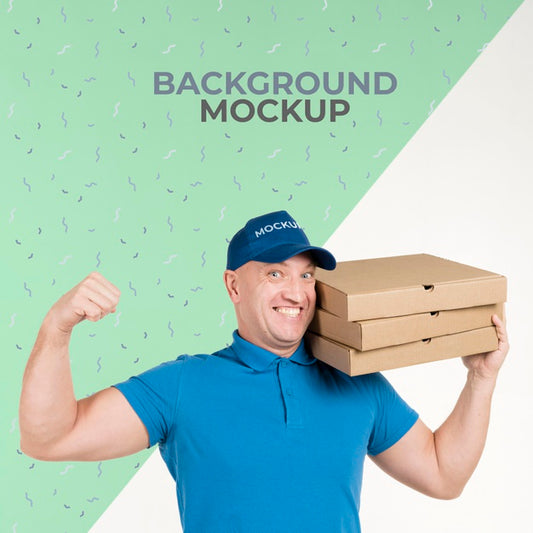 Free Strong Delivery Man Holding A Bunch Of Pizza Boxes Psd