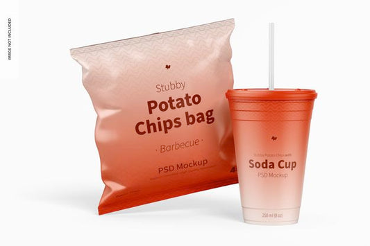 Free Stubby Chips Bag Mockup With Soda Psd