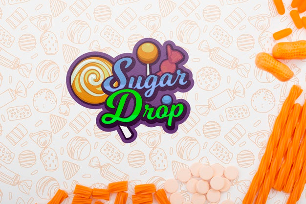 Free Sugar Drop With Lollipop Stick And Red Doodle Background Psd