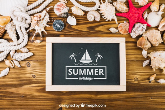Free Summer Composition With Slate And Seashells Psd
